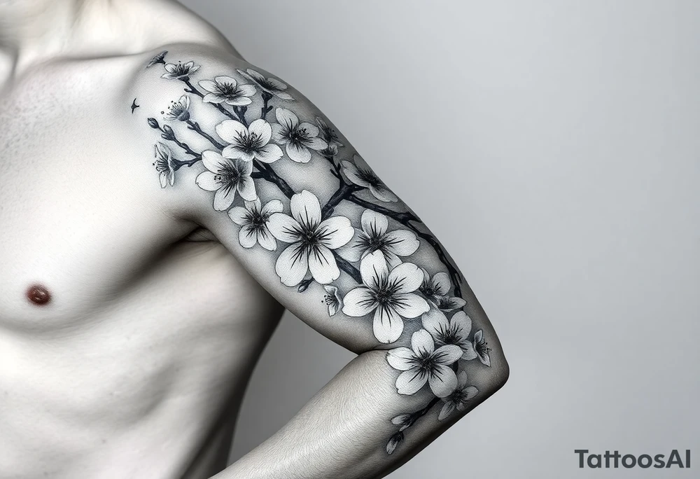 delicate cherry blossoms swirling in spring breeze with petals tattoo idea