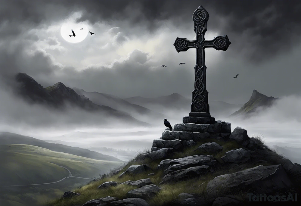 A stone Celtic cross solemnly standing atop a hill, a raven perches atop the cross staring out over the desolation. A ruined stone wall lies crumbling near the cross. Mist rolls along the hilltops adding to the melancholic nature of the scene tattoo idea
