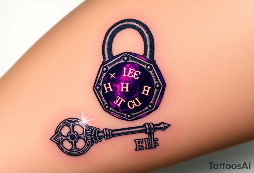 A deep purple crystal lock with glowing runes, and a key radiating a mystical aura and lying beside it. tattoo idea