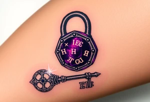 A deep purple crystal lock with glowing runes, and a key radiating a mystical aura and lying beside it. tattoo idea