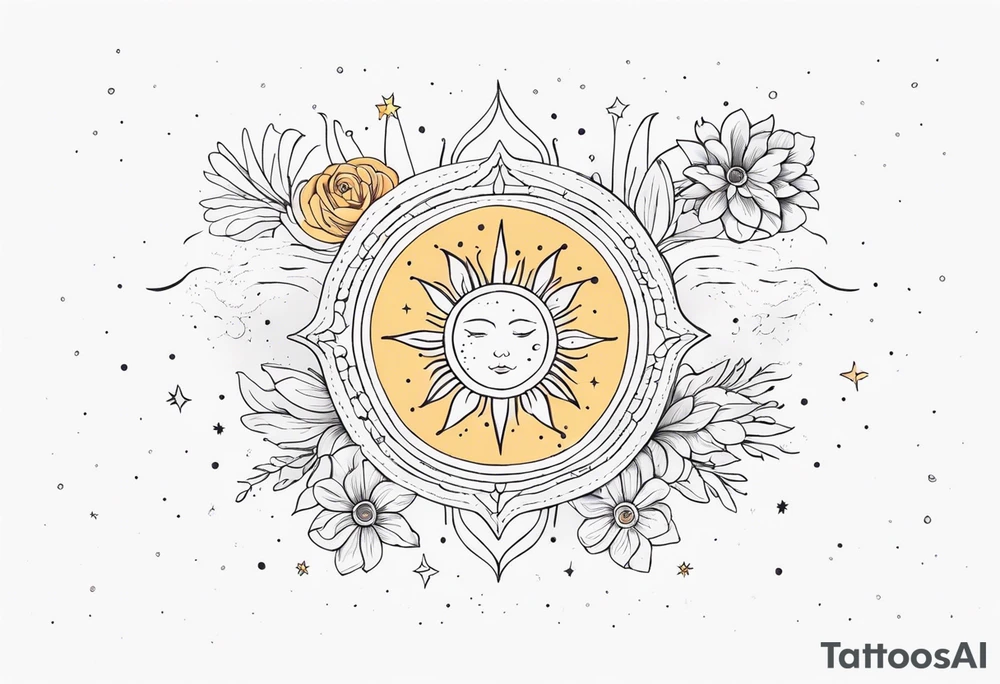 fine line with sun, stars, floral, dots. Sternum tattoo tattoo idea