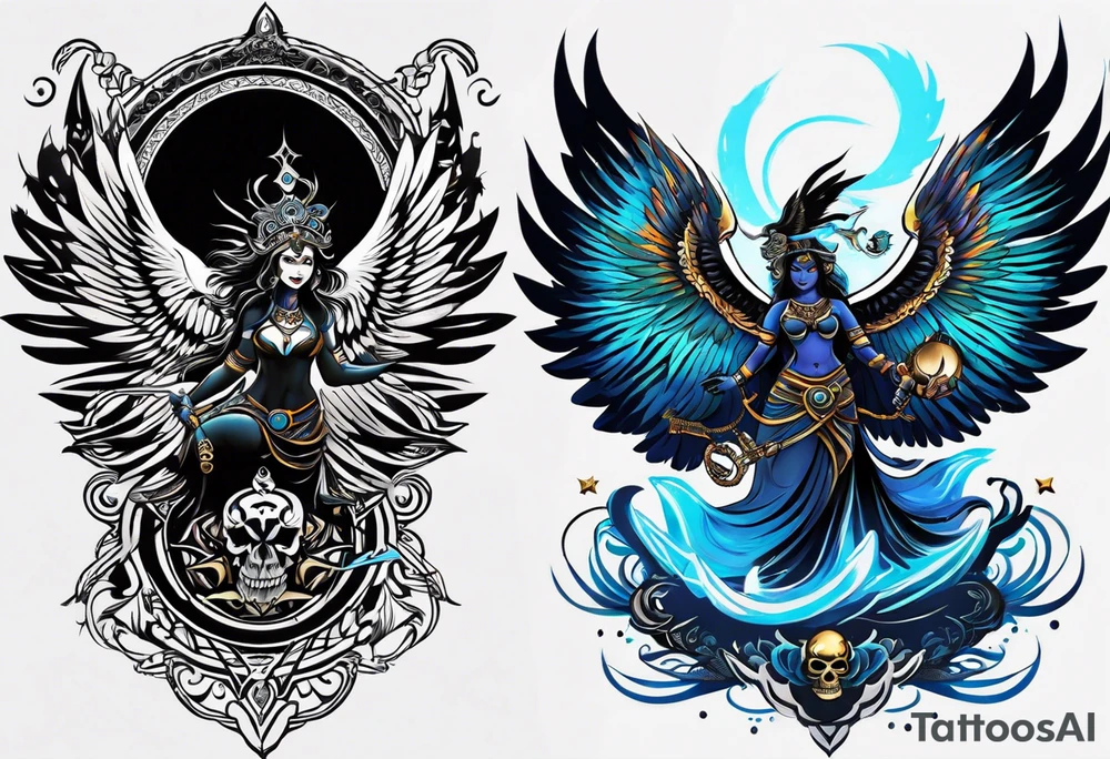 black kali, goddess pirate, alien, angel, pachamama, valkrye, warrior, flying, skull, lotus azul, wing, eagle, zenza resonance, stars, 5D, anahata chakra, death, durga, riding on a tiger, flying lady tattoo idea