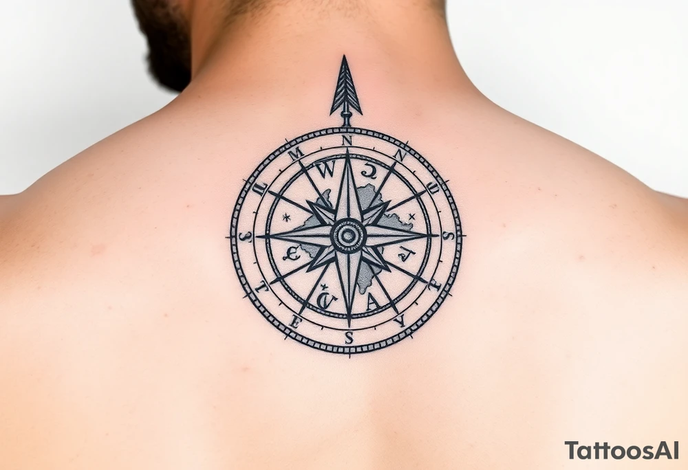 A compass with a Sagittarius arrow at its center, surrounded by delicate map details in black and gold tattoo idea