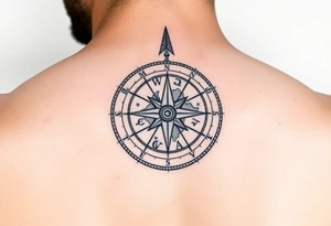 A compass with a Sagittarius arrow at its center, surrounded by delicate map details in black and gold tattoo idea