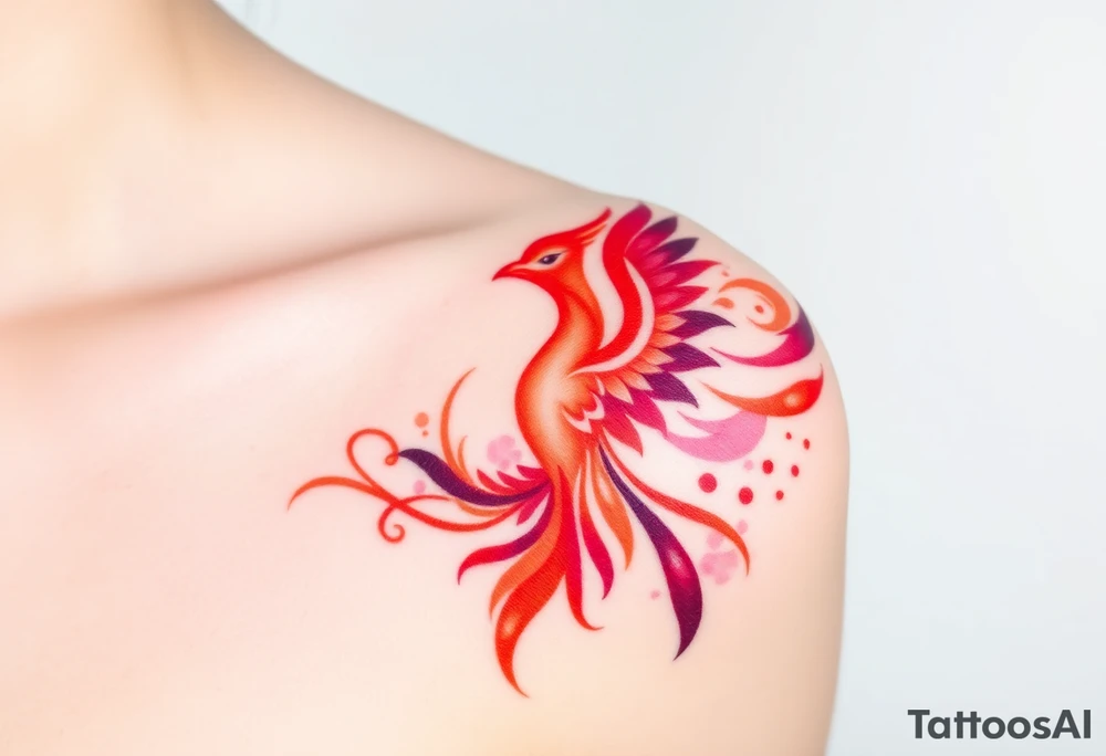 Phoenix rising from the ashes with the colors red, pink, orange and purple. Size 3 cm wide and 5 cm high tattoo idea