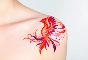 Phoenix rising from the ashes with the colors red, pink, orange and purple. Size 3 cm wide and 5 cm high tattoo idea