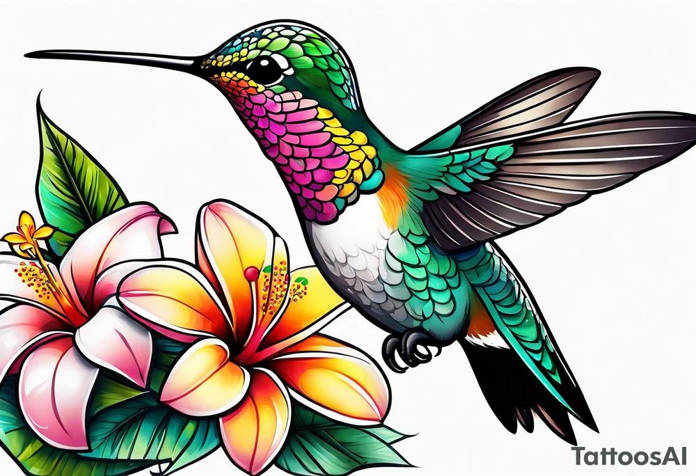 Hummingbird with a plumeria masculine style colorful tattoo idea