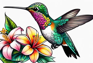 Hummingbird with a plumeria masculine style colorful tattoo idea