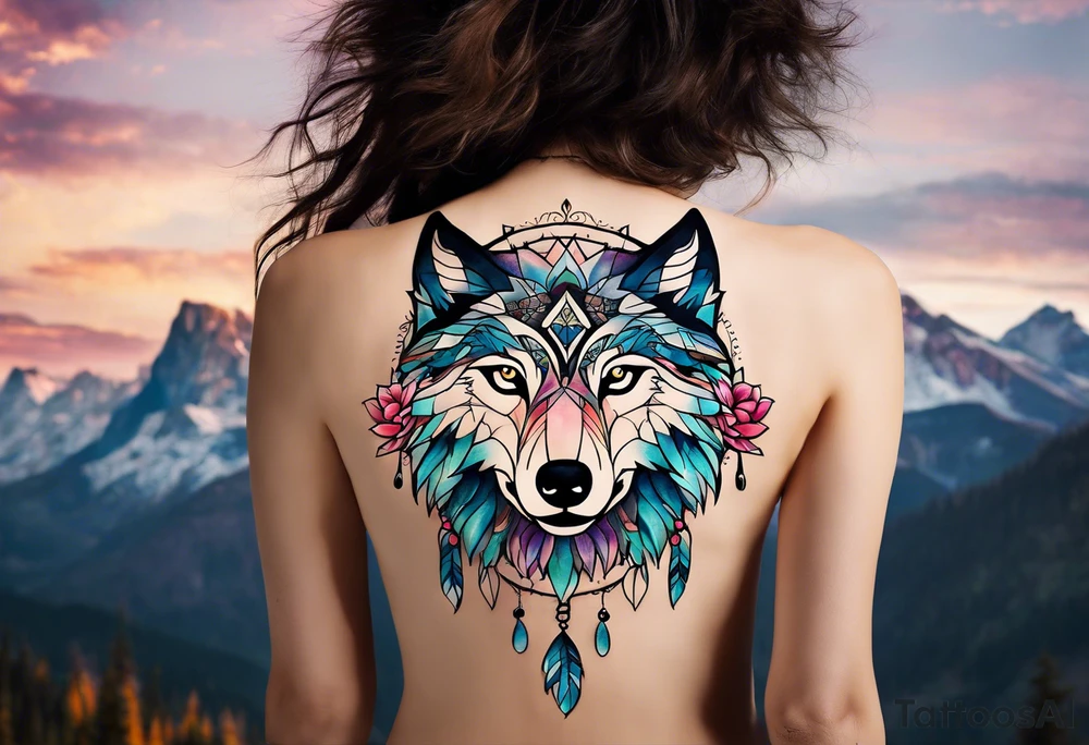 A whimsical wolf tattoo featuring mandala or dream catcher elements, with the wolf as the central focus. Show the wolves whole body standing surrounded by mountains in the background. Include flowers and nature elements to fill the space around the wolf. Some color but not completely solid bold color tattoo idea