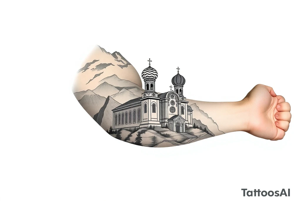 russian orthodox christian left arm tattoo with st basils cathederal in a mountainous setting with clouds tattoo idea