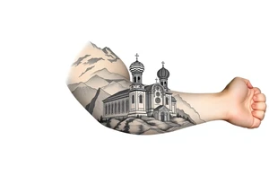 russian orthodox christian left arm tattoo with st basils cathederal in a mountainous setting with clouds tattoo idea