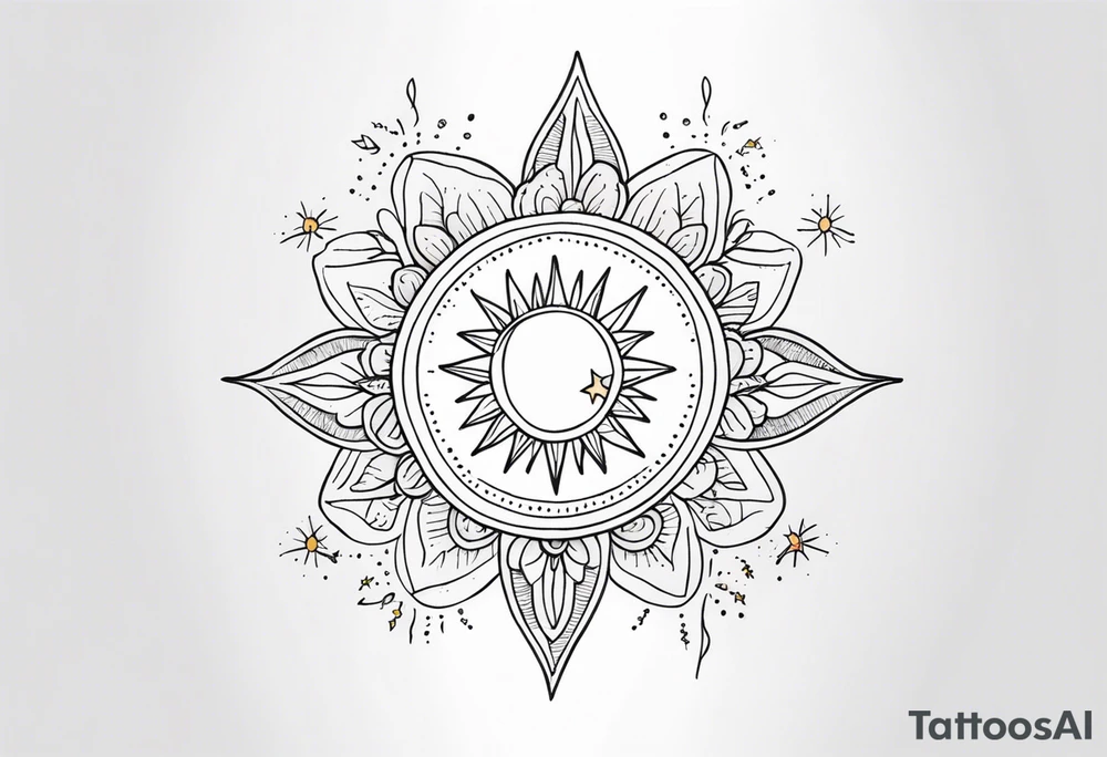 fine line with sun, stars, floral, dots. Sternum tattoo tattoo idea
