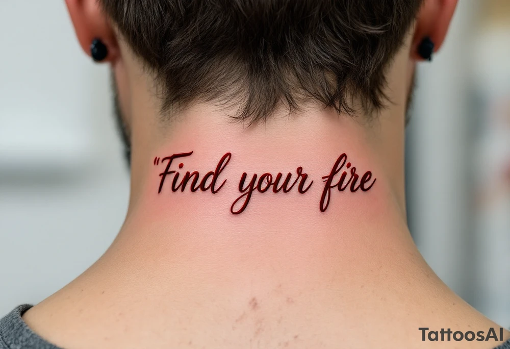 “Find your fire” in smoky red script, trailing into a stylized flame in rust and gold. tattoo idea