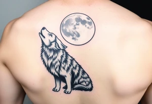 lone wolf howling at full moon with northern lights backdrop tattoo idea