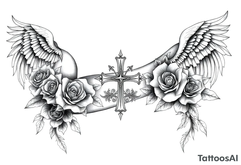 Angels roses cross and princess tattoo idea