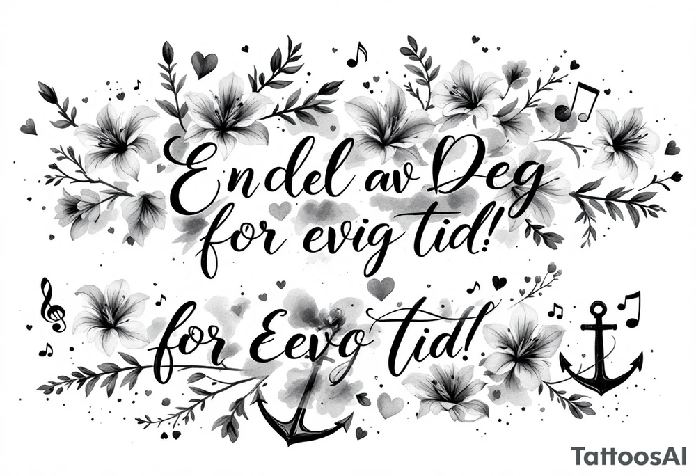 Quote in two rows; En del av deg for evig tid! Pappa, 20.12.24. Surround the quote with gladioluses, hearts, music notes and an anchor tattoo idea