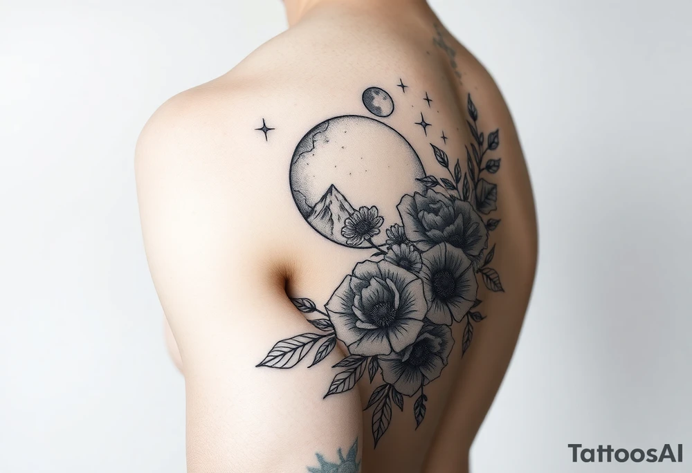 Arm and wristwrap around tattoo, with roses and wild flowers
moon and stars mountains
Feminine tattoo idea