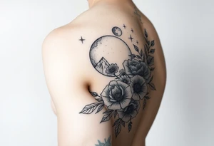 Arm and wristwrap around tattoo, with roses and wild flowers 
moon and stars mountains
Feminine tattoo idea