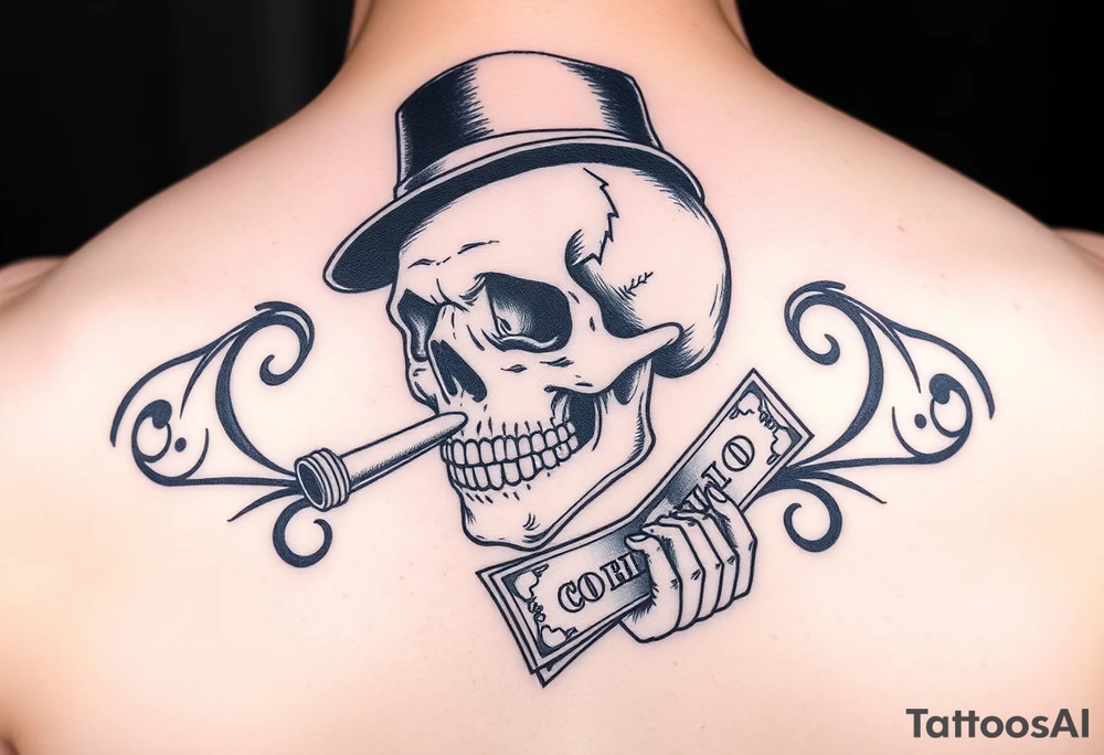 skull with cigar in his mouth,a mustache,a top-hat and money in a hand. tattoo idea