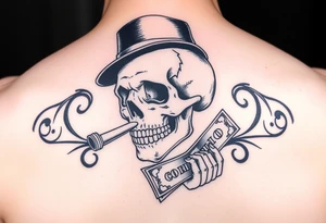 skull with cigar in his mouth,a mustache,a top-hat and money in a hand. tattoo idea