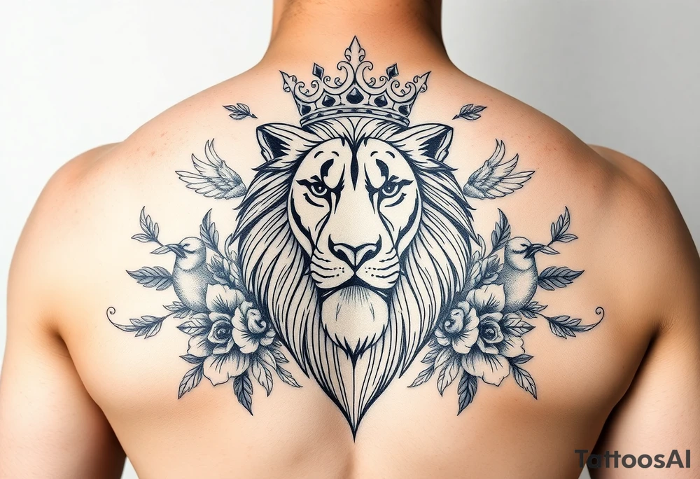 powerful majestic lion with a crown, surrounded by floral ornaments and birds tattoo idea