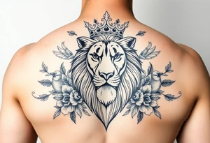 powerful majestic lion with a crown, surrounded by floral ornaments and birds tattoo idea