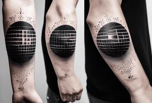 A forearm tattoo about electronic music. Not too minimalistic but not too detailed. Abstract. No speakers. Human face tattoo idea