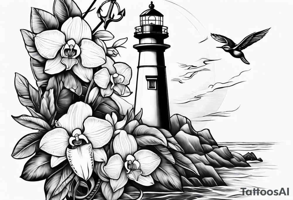 Lighthouse and an anchor and orchids tattoo idea