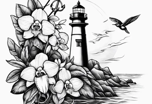 Lighthouse and an anchor and orchids tattoo idea