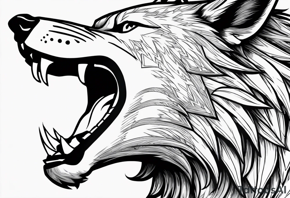 Legend of zelda link wolf head that is in profile with mouth open, this should be the bottom of the tatoo on a bicep , the top should transition in through his mane on top and it should be an ouroborus (dragon not snake) surrounding vegvisr tattoo idea