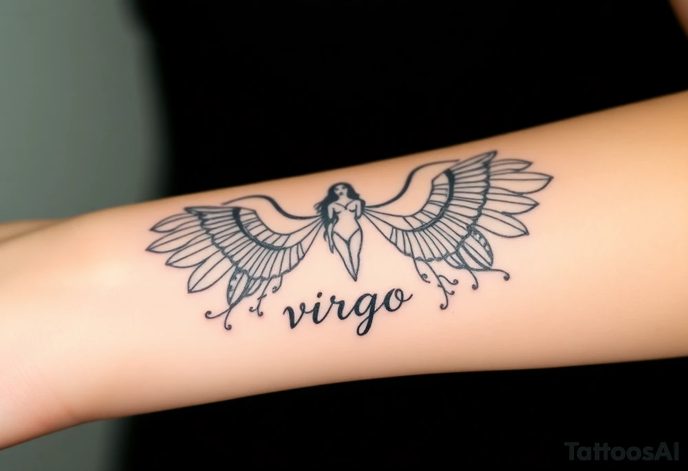 A divine woman with  wings made of delicate lace and vines, symbolizing Virgo’s purity and the word virgo tattoo idea