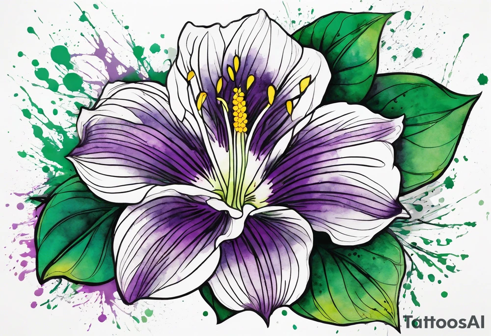 An outline of a rio dipladenia flower with a green and purple watercolor splash in the background tattoo idea