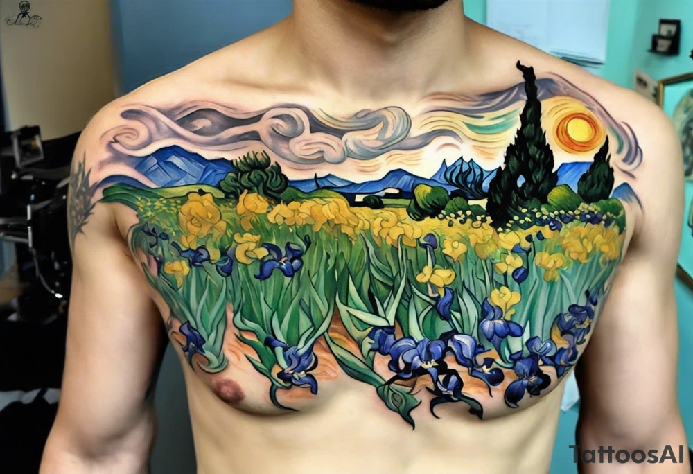 Create a colorful Vincent van Gogh's Irises tattoo, with vines in Celtic knots gracefully holding mountains. The intended placement is on the upper chest. The overall design should be small in size while maintaining a delicate and artistic aesthetic. Pay attention to the graceful flow of the vines and the placement of the irises to achieve a refined and elegant look. tattoo idea
