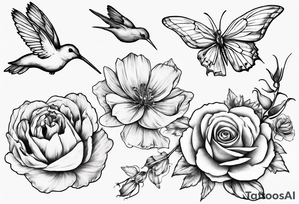 A sketch that goes down an arm of four flowers , Paperwhites flower, Peony flower, Cosmos Flower, Rose Flower, a hummingbird sucking on the rose flower and two butterflies flying. tattoo idea