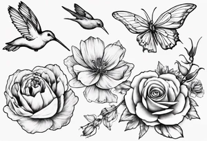 A sketch that goes down an arm of four flowers , Paperwhites flower, Peony flower, Cosmos Flower, Rose Flower, a hummingbird sucking on the rose flower and two butterflies flying. tattoo idea