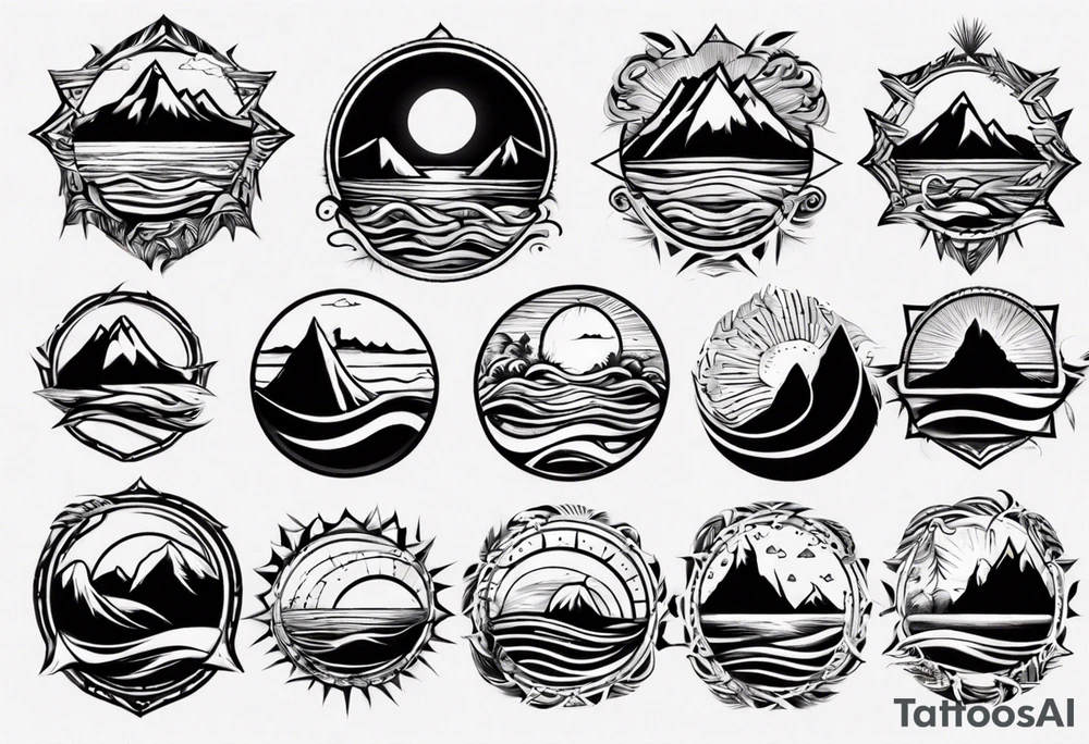 mountains, beach, waves, sunset tattoo idea