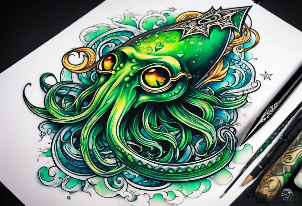 green squid with eyepatch holding sword and anchor tattoo idea