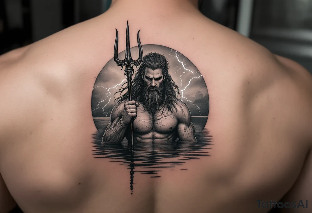 fit poseidon, behind a trident, with lightning, in calm water tattoo idea