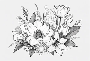 A minimalist line work bouquet of flowers with a water lily, gladiolus, poppy, lily of the valley, daffodil, and a honey suckle. With long stems and tied with a bow tattoo idea