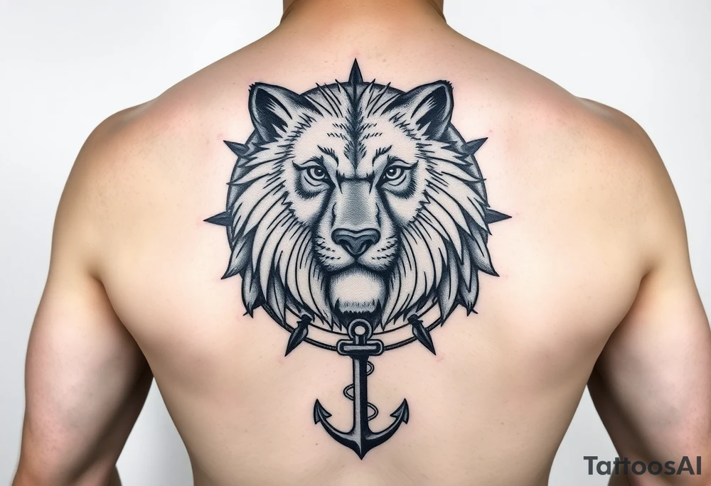 wolf bear lion surrounded by a compass with a small anchor on bottom. for sleeve tattoo idea