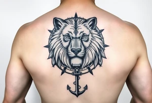 wolf bear lion surrounded by a compass with a small anchor on bottom. for sleeve tattoo idea