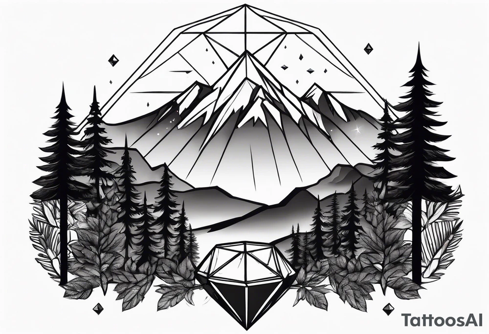 a forest along the edges with mountains below and in the distance with full trees and a diamond in the middle tattoo idea