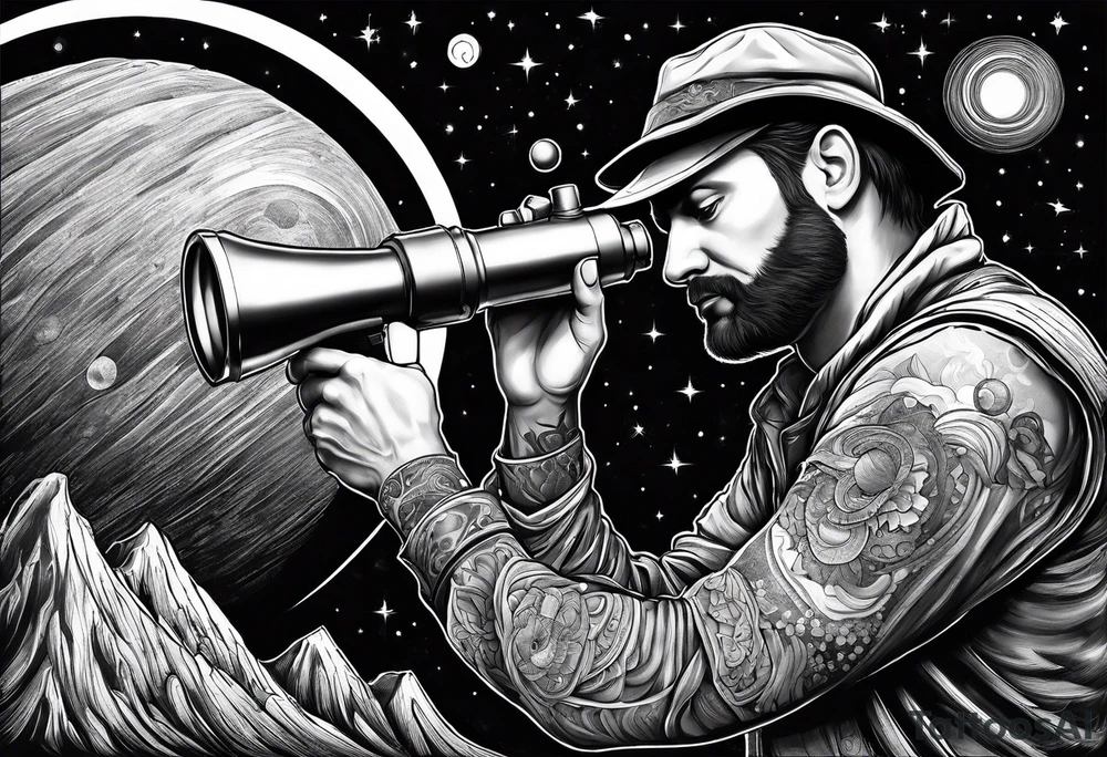 rock painting of a man with a telescope observing Saturn tattoo idea