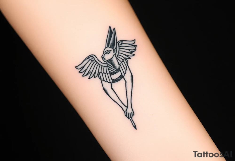 Design a tattoo of Anubis, as though it was carved into stone, it should have a sculptural stone like featured with a classic Anubis style tattoo idea
