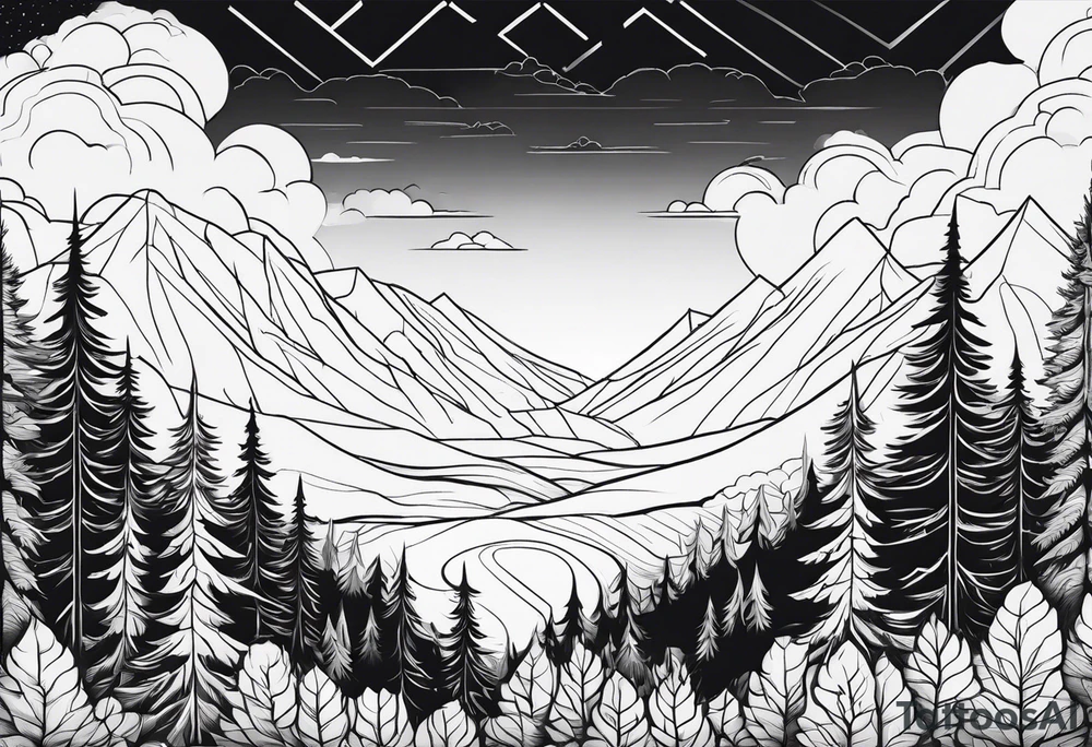 forest along the edges where there are fires below and in the distance with full trees tattoo idea