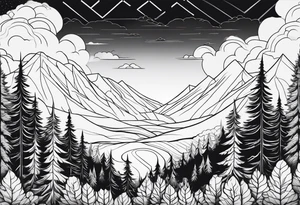 forest along the edges where there are fires below and in the distance with full trees tattoo idea