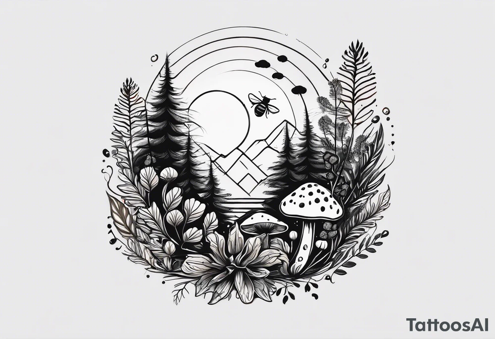 forest floor inspired minimalist tattoo, which includes grass, curly ferns, moss and dead leaves as the bulk of the tattoo. details to include: forest berries, a tiny bumblebee flying nearby, three small brown mushrooms
Generate a vertically long one tattoo idea