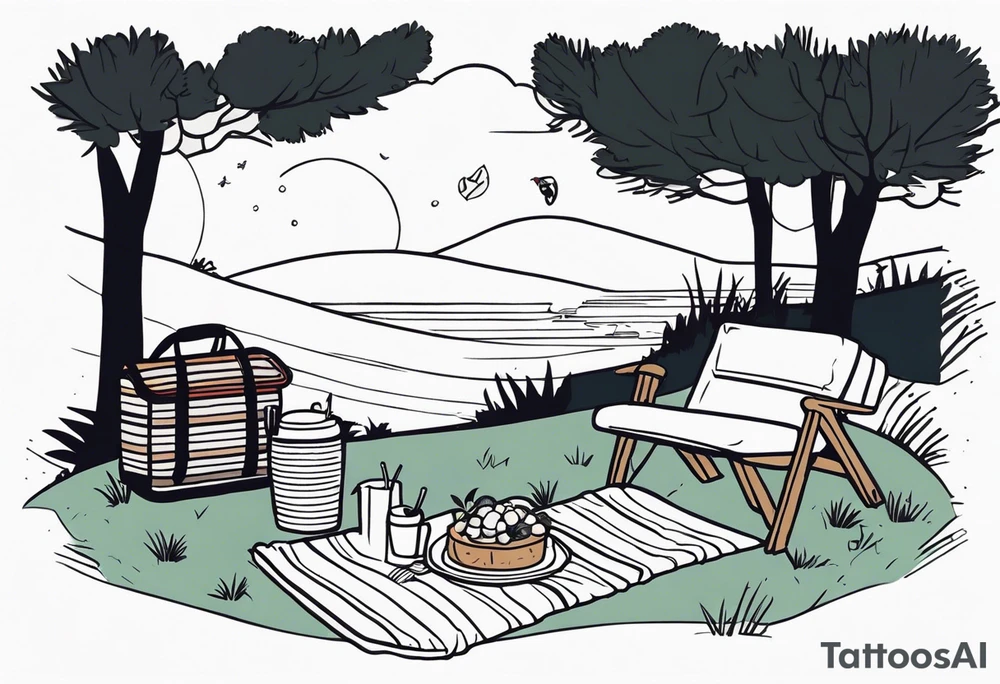 Very fine-lined minimalstic picnic scene in nature. A blanket on the ground with one picnic-basket with lid, one backpack, pillows and party tennants in the trees. tattoo idea