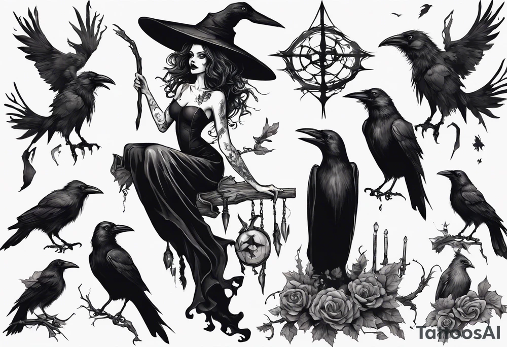 a witch with crows in black and white tattoo idea