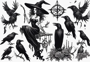 a witch with crows in black and white tattoo idea
